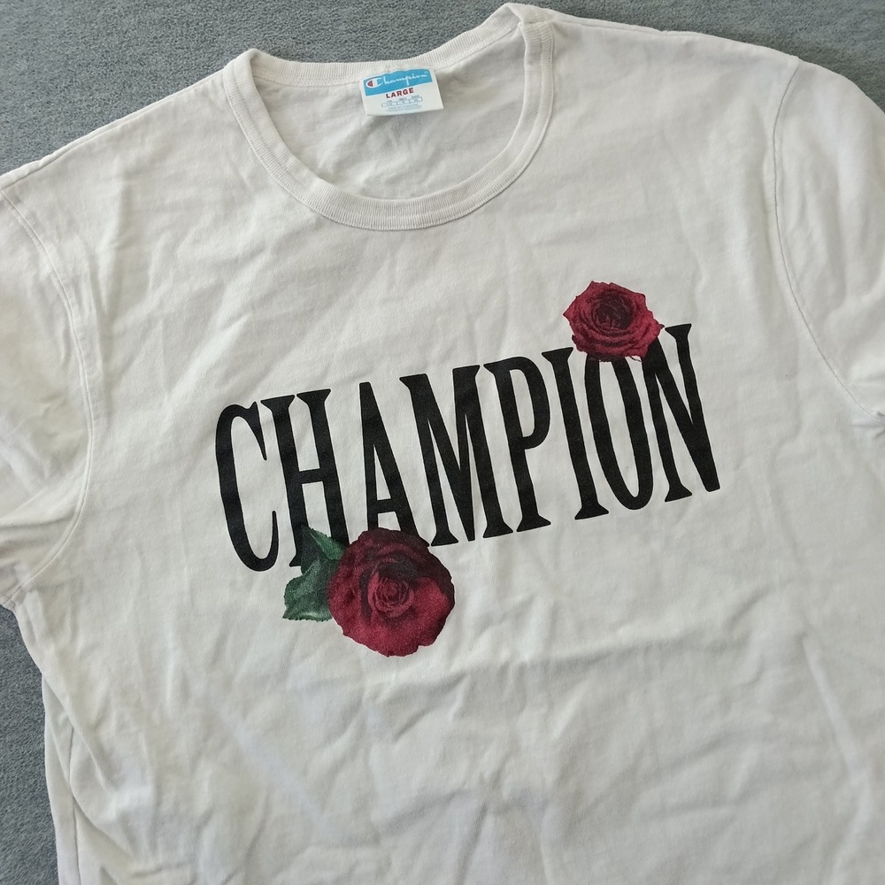 Champion Mens Graphic T-Shirt White Rose Floral Logo Crew Neck Large